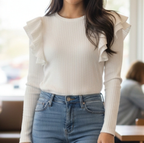 Nicole Miller Sweaters - Nicole Miller Women's Long Sleeve Ivory Pullover Flutter Accent Sweater Top XL